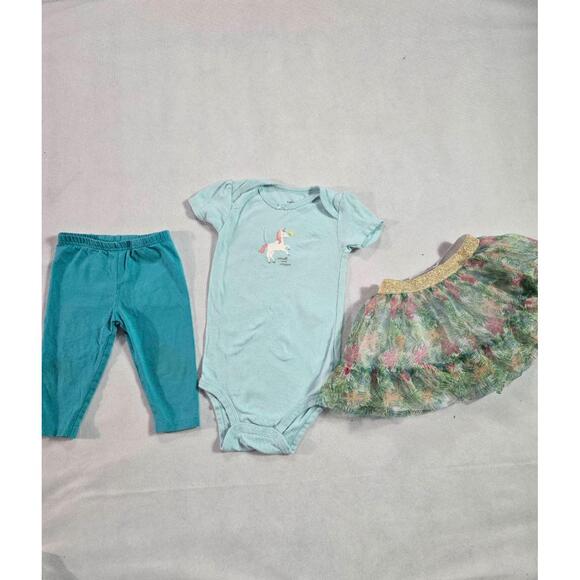 Carters Unisex Blue Unicorn Bodysuit Teal Leggings Floral Skirt‎ Set 24M - Picture 1 of 5
